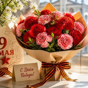Букет на 9 мая — красные гвоздики и георгиевская лента, в Люберцах