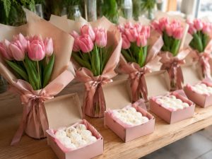 Сладкие подарки — корпоративный заказ: одинаковые наборы с тюльпанами и конфетами для сотрудниц