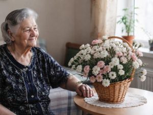 Цветы в корзинке с гвоздиками — корзина белых и розовых спрей-гвоздик в подарок бабушке на юбилей